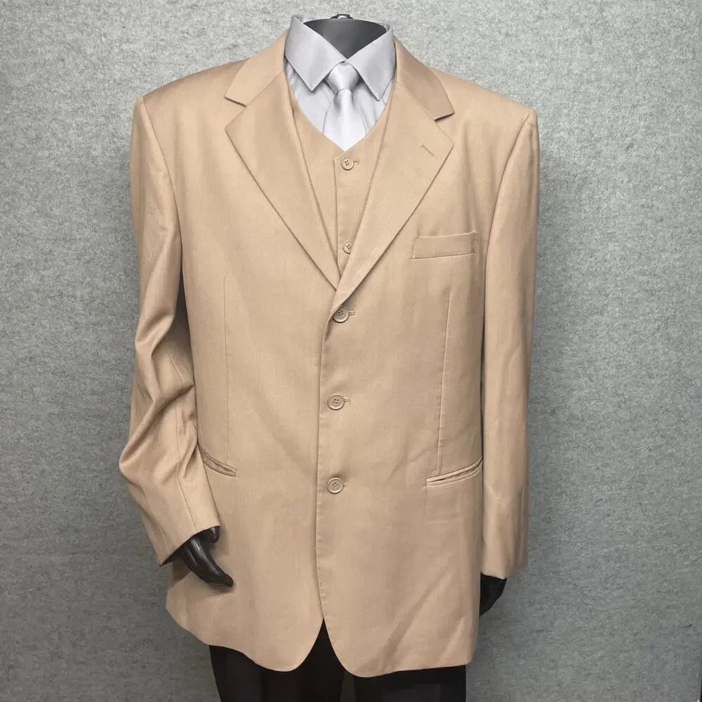 Vittorio St Angelo Mens 3 Pc Suit Sand 3-But Blazer/Vest 48R Pants 42R Classic